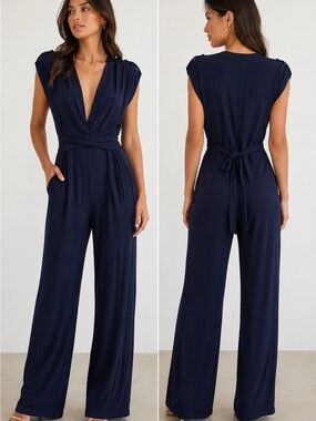 Diane Von Furstenberg Navy Wrap-Front Wide-Leg Jumpsuit
